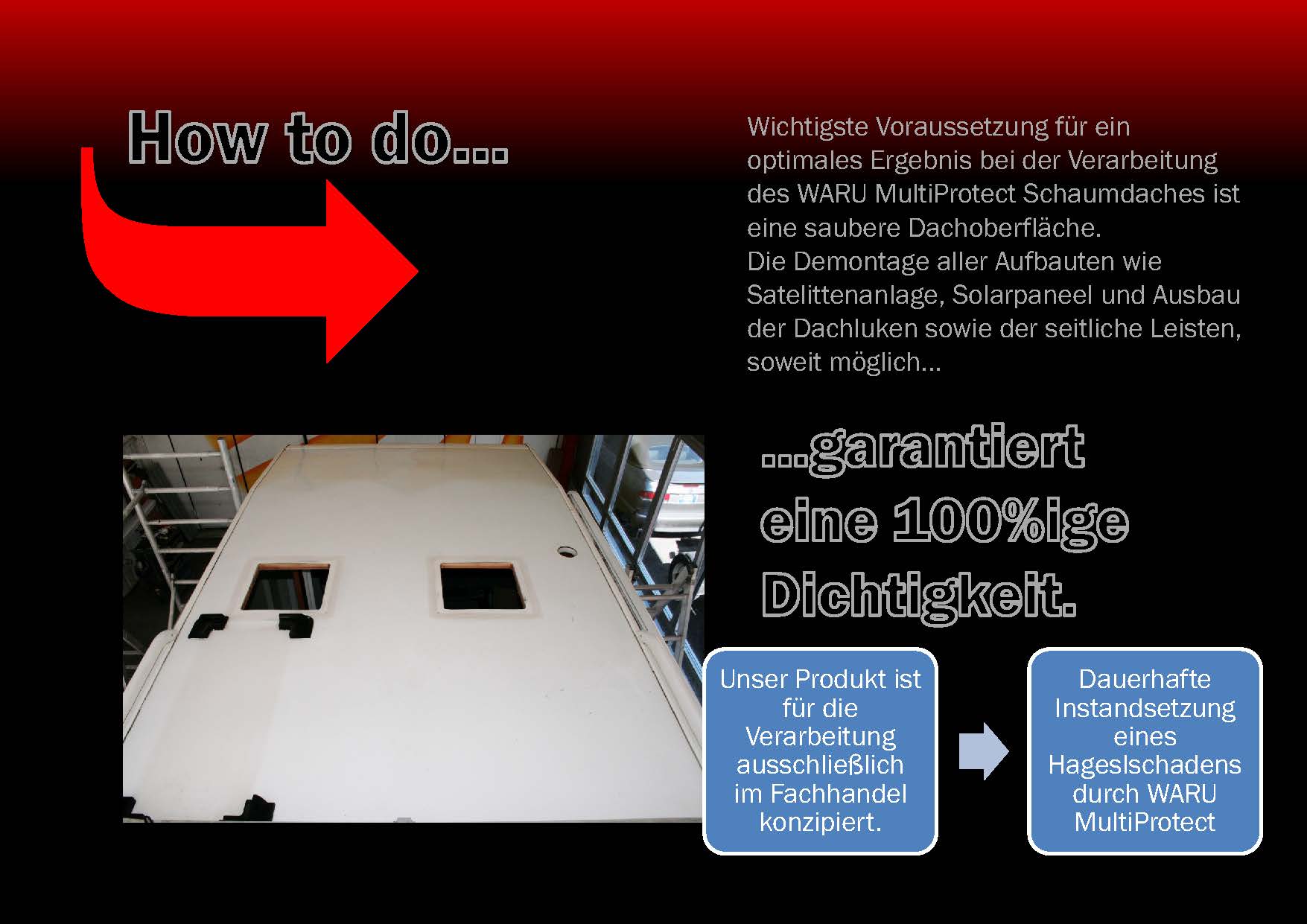 Die erfolgreiche Raparatur eines vom Hagelschaden gekennzeichneten Wohnmobils. Hier ein Blick auf den bereits beschichteten Alkoven. Ein weiterer Vorteil ist die Ger�uschminderung im Inneren des Alkovens bis zu 80%. Ein dauerhafter Schutz des Wohnmobils.